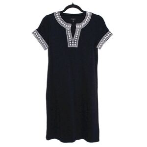 Black Tunic Dress with White Embroidery 100% Cotton Size Medium